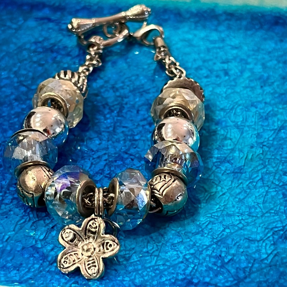 🌸 Silver & Blue Beaded Bracelet with Flower Charm